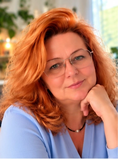 Andrea Becsei wearing glasses and a light blue top